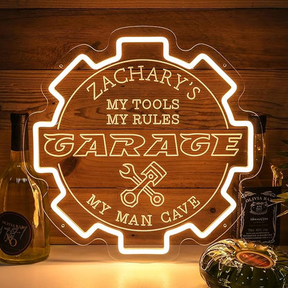 Custom Garage Neon sign for Wall Decor with Timing Remote, Personalized Gear Garage LED Neon Light for Man Cave, Home Bar, Workshop, Son Dad Birthday Gift WARM WHITE