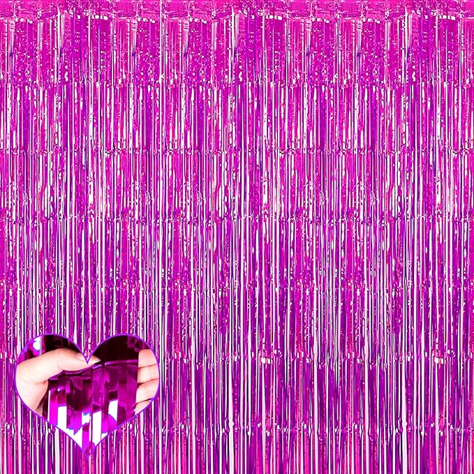 4 Pack Fuchsia Fringe Curtain Backdrop, 3.2Ft x 8.2Ft Metallic Tinsel Foil Fringe Streamers Background for Photo Booth Birthday Wedding Baby Shower Carnival Easter Mother’s Day Party Decorations