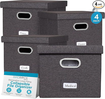 Internet's Best Collapsible File Storage Organizer with Lid - Decorative Linen Filing & Storage Office Box – Hanging Letter/Legal Folder – Home Office Bins Cabinet – Charcoal Container - 4 Pack