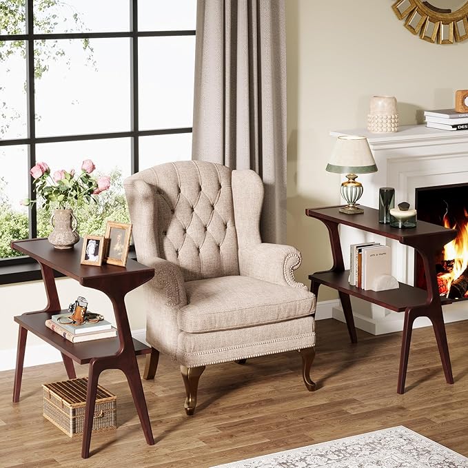 Tribesigns Set of 2 Wood Side Table, 2-Tier Narrow Tall End Table, Slim Side Table for Couch, Long Bedside Table for Bedroom, Living Room, Burgundy
