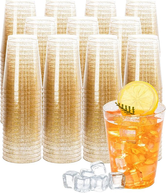I00000 500pcs Gold Glitter Cups - 10 OZ Hard Plastic Disposable Cups for Cocktail and Drinking - Premium Party Cup with Gold Glitter Perfect for Thanksgiving Day and Birthday