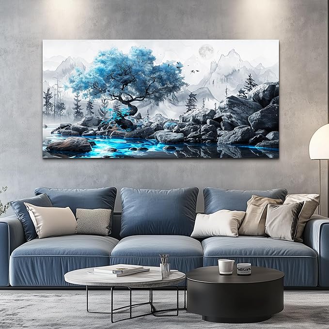 FUHUAHAI Canvas Wall Art For Living Room Framed Wall Decor For Bedroom Modern Office Decoration Black And White Ink Landscape Painting Blue Tree Wall Pictures Artwork Ready To Hang Home Decor 20x40