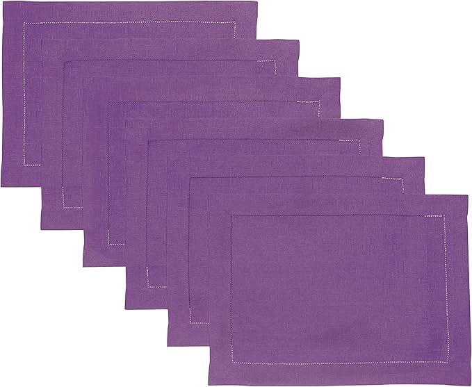 Solino Home Linen Cloth Placemats Set of 6-100% Pure Linen Hemstitch Purple Placemats 14 x 19 Inch - Classic Hemstitch Table Place Mats for Fall, Autumn, Christmas, New Year