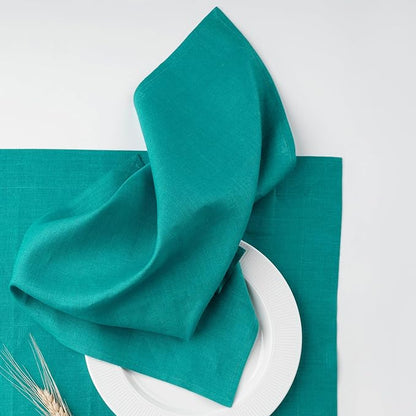 D'Moksha Homes Teal Blue Linen Napkins 18 x 18 Inch - 100% Pure Linen Cloth Washable Dinner Napkins Set of 4 for Winter, Christmas, Holiday