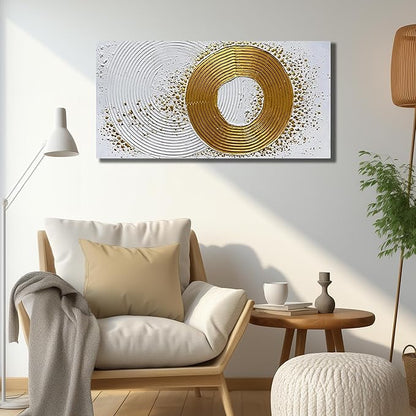 Abstract Hand Painted Wall Art for Living Room White and Gold Wall Decor for Office Circle Wall Art for Bedroom Size 20 x 40 Inch