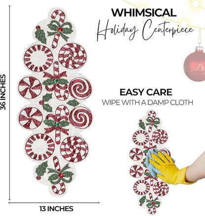 CLEENTABLE Handcrafted Christmas Beaded Table Runner – 36"x13" Art Deco Home Decor & Luxury Dinner Table Centerpiece in Vibrant Cherry Reddish with 85% Glass Beads, Durable Polyester Backing