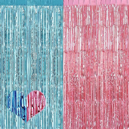 4 Pack 3.2Ft x 8.2Ft Pink Blue Fringe Curtain Backdrop, Metallic Tinsel Foil Fringe Streamers Curtains Background for Photo Booth Wedding Gender Reveal Backdrop Boy or Girl Birthday Party Decoration