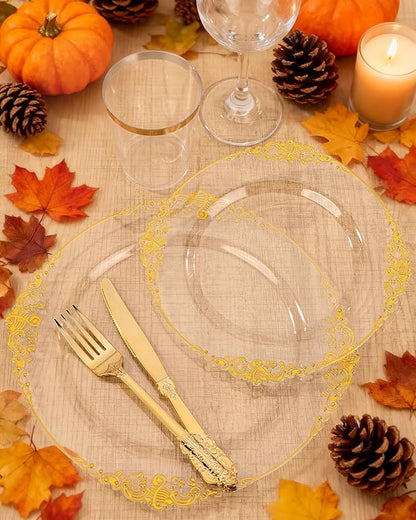 Nervure 350PCS Clear Gold Plastic Plates - Gold Plastic Dinnerware Sets for 50 Guests - 100 Disposable Plates, 150 Silverware, 50 Cups, 50 Napkins for Wedding & Party & Thanksgiving
