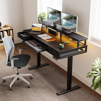 AODK Electric Standing Desk with Drawers & Keyboard Tray, 55 Inch Height Adjustable Desk with Power Outlets & LED Lights, Sit Stand Table with Monitor Stand for Home, Office, Black