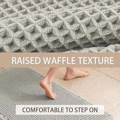 Waffle Runner Rug Non Slip, Boho Bath Mat, Super Absorbent Quick Dry Long Bath Runner Bathroom, Soft Farmhouse Bath Rug with Tassels, Washable Shower Mats for Floor 24"x72", Square Light Grey