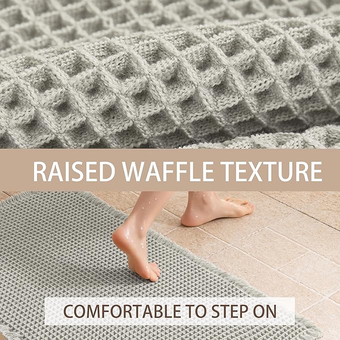 Waffle Runner Rug Non Slip, Boho Bath Mat, Super Absorbent Quick Dry Long Bath Runner Bathroom, Soft Farmhouse Bath Rug with Tassels, Washable Shower Mats for Floor 24"x72", Light Grey
