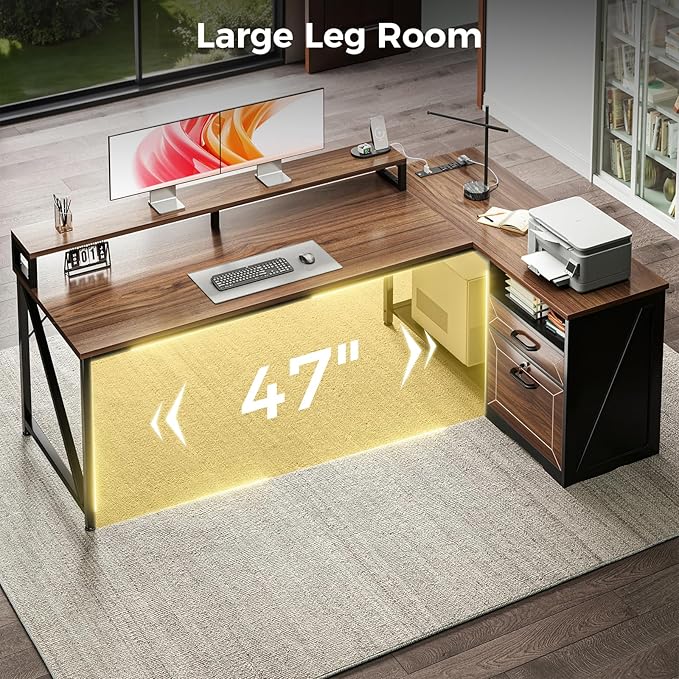 AODK L Shaped Desk with Wooden Drawers & Locking File Cabinet, 61 Inch Large Executive Desk with Power Outlet, Led Computer Desk with Storage, Corner Office desk with Monitor Stand & CPU Stand, Walnut