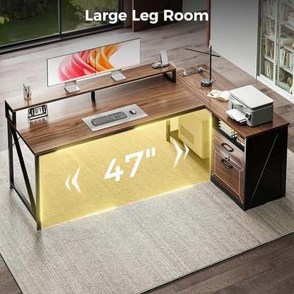 AODK L Shaped Desk with Wooden Drawers & Locking File Cabinet, 61 Inch Large Executive Desk with Power Outlet, Led Computer Desk with Storage, Corner Office desk with Monitor Stand & CPU Stand, Walnut
