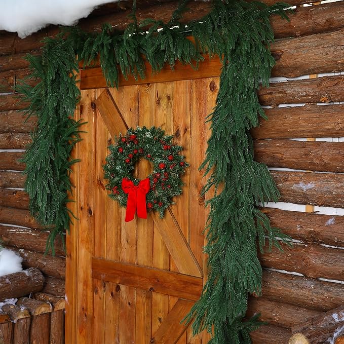 9FT Christmas Garland Artificial Norfolk Pine Garland，Handmade Real Touch Greenery Faux Pine Needles Garland for Home Table Mantle Fireplace Indoor Outdoor Christmas Decor(Dark Green)