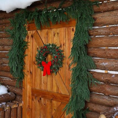 9FT Christmas Garland Artificial Norfolk Pine Garland，Handmade Real Touch Greenery Faux Pine Needles Garland for Home Table Mantle Fireplace Indoor Outdoor Christmas Decor(Dark Green)