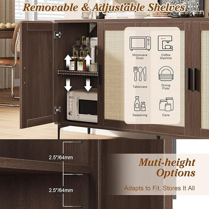 JASIWAY Buffet Cabinet with Storage, 48" Rattan Sideboard with Adjustable Shelves, Modern Coffee Bar Cabinet Console Table with Doors, Credenza for Kitchen, Living Room, Entryway, Dining Room, Walnut