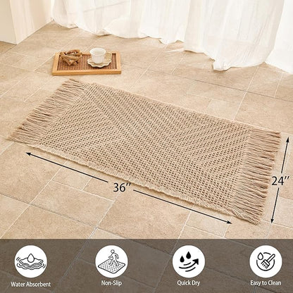 Waffle Bath Mat Non Slip, Boho Bathroom Rug, Super Absorbent Quick Dry Bathroom Mat, Soft Farmhouse Bath Rug with Tassels, Small Washable Shower Mats for Floor 24"x36", Tassels Brown