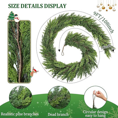 9 FT Christmas Cedar Garland, Thick Green Cypress Garlands, Real Touch Pine Garlands, Realistic Garland Christmas Decorations for Outdoor Indoor Table Mantel Railing Stair Porch Decor