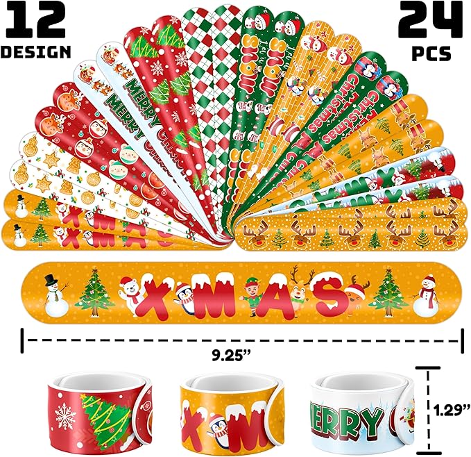 72PCS Christmas Party Favors Set - 48 Christmas Tattoos + 24 Slap Bracelets | Fun Xmas Gifts for Kids Boys Girls | Classroom Rewards, School Prizes, Holiday Goodie Bag Toys
