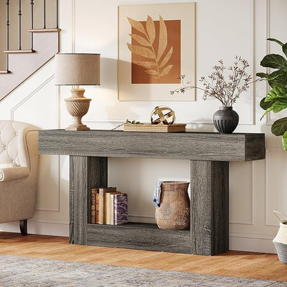 Tribesigns 63-Inch Long Console Table, 2-Tier Entryway Table Sofa Table with Storage, Farmhouse Wood Behind Couch Table for Living Room, Hallway, Rustic Gray