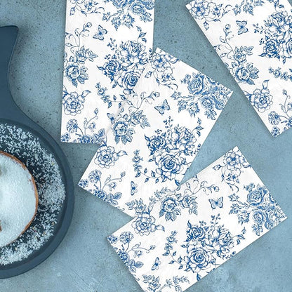 100pcs Blue Floral Napkins Disposable Hand Towels for Bathroom 3 Ply Blue and White Guest Decorative Paper Napkins for Bridal Tea Wedding Birthday Party Supplies Table Decorations