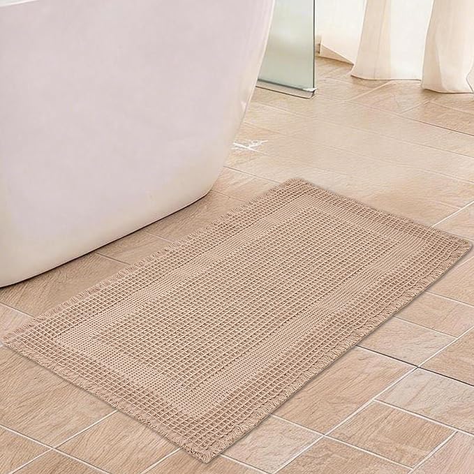 Waffle Bath Mat Non Slip, Boho Runner Rug, Super Absorbent Quick Dry Long Bath Runner Bathroom, Soft Farmhouse Bath Rug with Tassels, Washable Shower Mats for Floor 24"x48", Square Brown