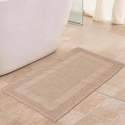 Waffle Bath Mat Non Slip, Boho Runner Rug, Super Absorbent Quick Dry Long Bath Runner Bathroom, Soft Farmhouse Bath Rug with Tassels, Washable Shower Mats for Floor 24"x48", Square Brown