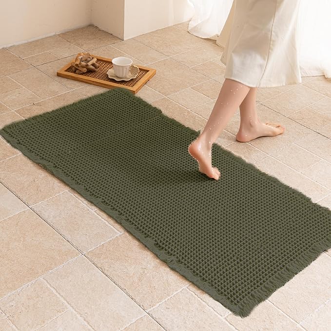 Waffle Bath Mat Non Slip, Boho Runner Rug, Super Absorbent Quick Dry Long Bath Runner Bathroom, Soft Farmhouse Bath Rug with Tassels, Washable Shower Mats for Floor 24"x48", Olive Green