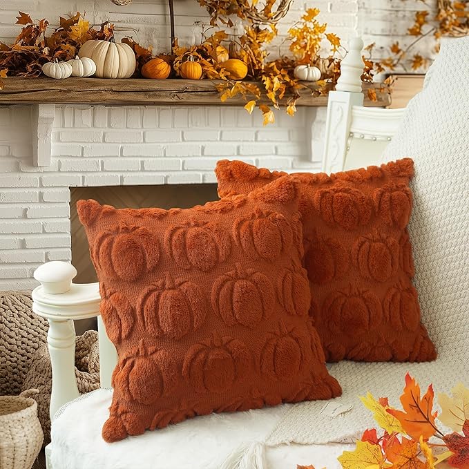 GEEORY Fall Pumpkins Soft Plush Pillow Covers, 16 x 16 Inch Set of 2, Fluffy Faux Fur Wool Decorative Farmhouse Cushion Case for Sofa Home Decoration Rust Pumpkin GC019-16