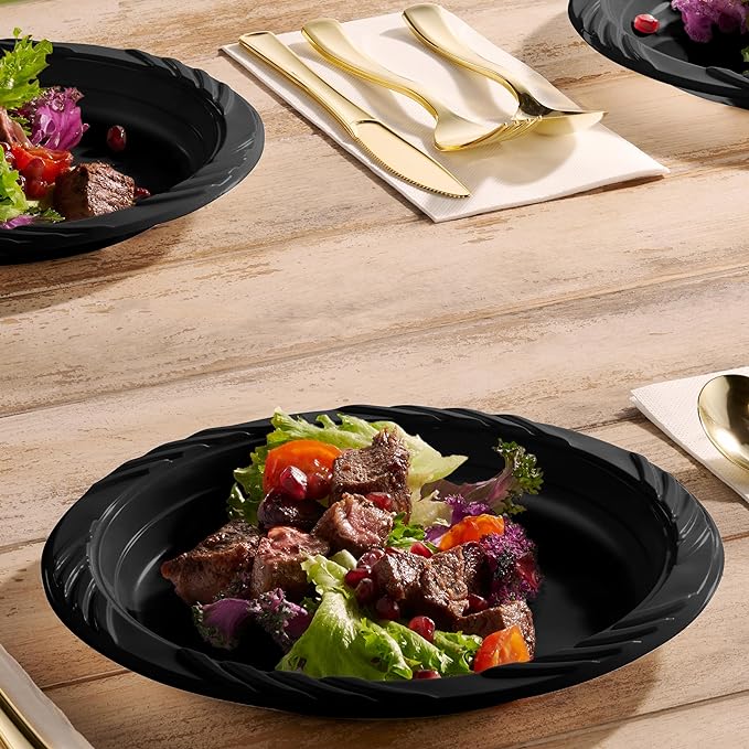Munfix 100 Pack Black Plastic Dinner Plates, 9 Inch Disposable Plates Bulk Pack, Party Plates for BBQ, Picnic, Parties, Travel and Events, Microwavable Recyclable
