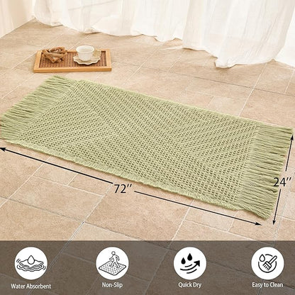 Waffle Runner Rug Non Slip, Boho Bath Mat, Super Absorbent Quick Dry Long Bath Runner Bathroom, Soft Farmhouse Bath Rug with Tassels, Washable Shower Mats for Floor 24"x72", Tassels Sage Green