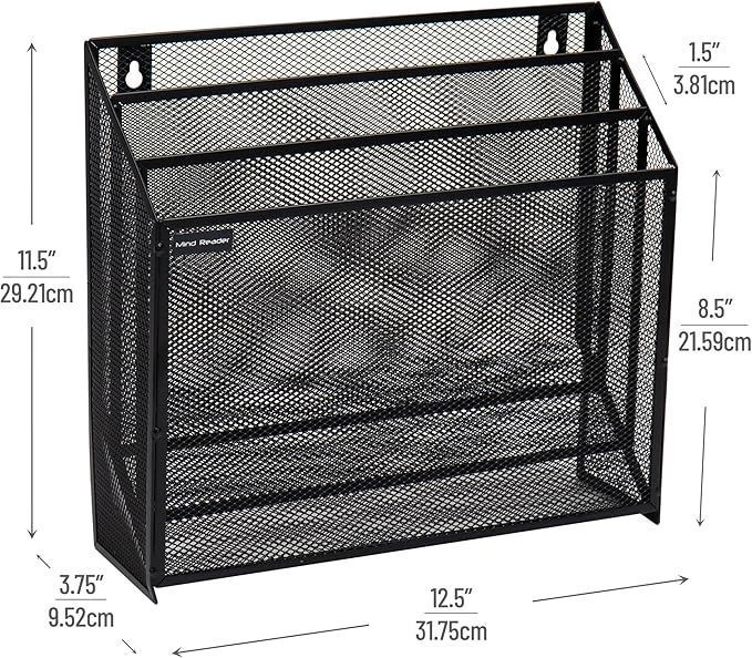 Mind Reader Vertical File Storage, Desktop Organizer, Wall Mount, Office, Metal Mesh, 12.5"L x 3.75"W x 11.5"H, Black