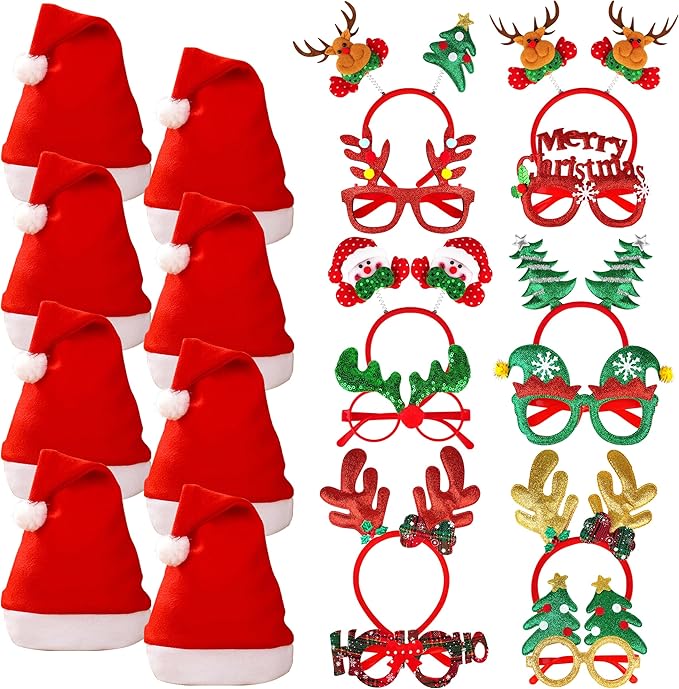 fiintrwa Christmas Headband Beads Necklace Hair Hoop Eyewear Eyeglass Santa Hat Photo Props for Xmas Party Decoration Supplie