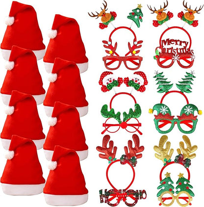fiintrwa Christmas Headband Beads Necklace Hair Hoop Eyewear Eyeglass Santa Hat Photo Props for Xmas Party Decoration Supplie