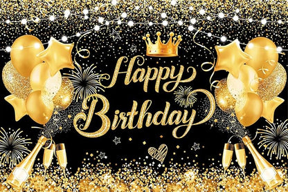 YinQin 180x120 cm Glitter Black Golden Happy Birthday Backdrops Photography Backgrounds Cloth 71x47 inch Bday Party Decorations Black Gold Happy Birthday Sign Banners for Men Women