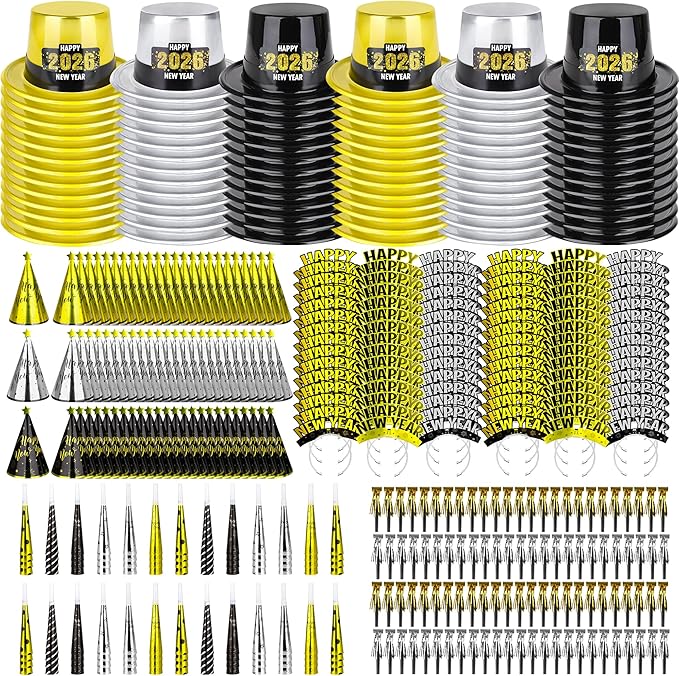400PCS New Years Party Favors, 2026 New Years Party Hats 200 People, New Years Headbands Gold Black Silver, Plastic Cardboard New Year Supplies Cone Hats Party Blowers Horns