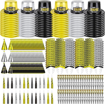 400PCS New Years Party Favors, 2026 New Years Party Hats 200 People, New Years Headbands Gold Black Silver, Plastic Cardboard New Year Supplies Cone Hats Party Blowers Horns