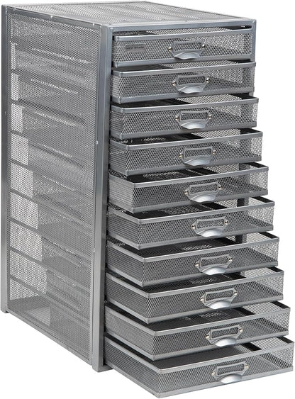 Mind Reader 10-Drawer Desk Organizer for Office Supplies, Crafts, Mail Sorting & More, Metal Mesh, 10.75"L x 14"W x 21.25"H, Silver
