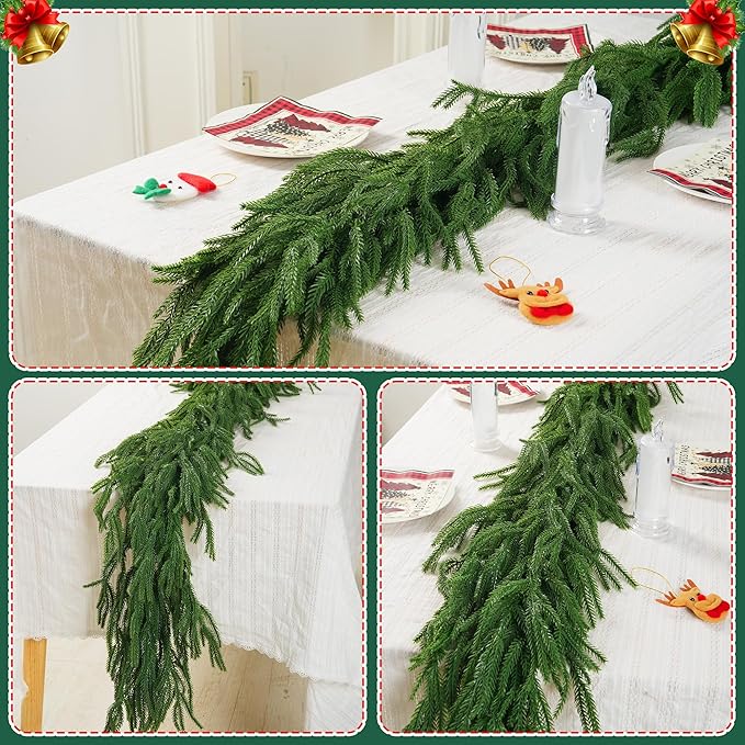 2 PCS-6FT Artificial Norfolk Pine Garlands - Real Touch Winter Pine Garland, Green Artificial Greenery Garland for Table, Mantle, Wall, Indoor, Outdoor Christmas Decorations