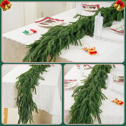 2 PCS-6FT Artificial Norfolk Pine Garlands - Real Touch Winter Pine Garland, Green Artificial Greenery Garland for Table, Mantle, Wall, Indoor, Outdoor Christmas Decorations