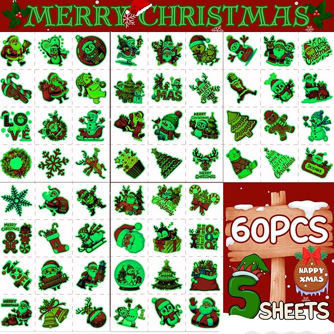 Luminous Christmas Temporary Tattoos - 60Pcs Glow In Dark Christmas Decorations Stickers Xmas Party Decor Party Favors Supplies Accessories Craft Winter Reindeer Penguin Gift Idea For Kids Youth Adult