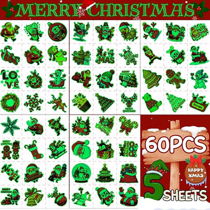 Luminous Christmas Temporary Tattoos - 60Pcs Christmas Decorations Xmas Party Decorations Party Favors Supplies Accessories Goodie Bags Decor Winter Reindeer Santa Claus Gift Idea For Kids Youth Adult