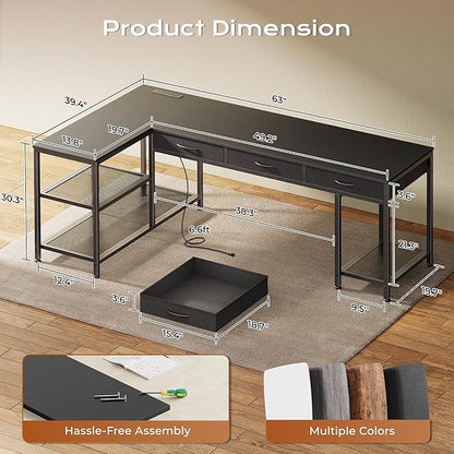 PRAISUN 63 Inch L Shaped Office Desk with Power Outlets and Type-C Port, Large Computer Gaming Desk with 3 Fabric Drawers, Mesh Shelves, Corner Study Work Writing Desk, Black