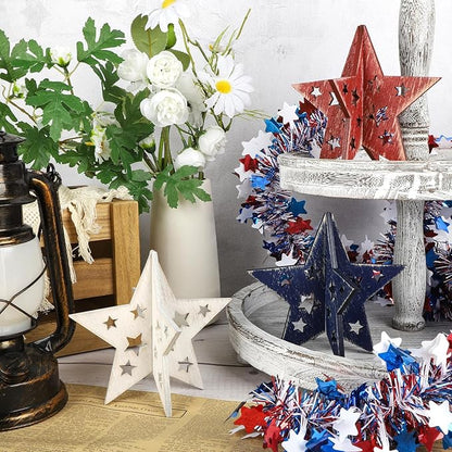 COCHIE 6 Inch Labor Day Decorations Wooden Stars Set, Vintage 3D Star Memorial Day Tiered Tray Decor, 4th of July Red White Blue Patriotic Decoration for Home Table Desk Door Shelf (Cutout Retro)