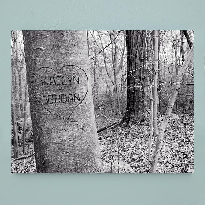 Let's Make Memories Personalized Canvas Wall Art For Couples - Engagement, Wedding, Newlyweds, Anniversary - Home Decor - Carved Heart B&W - Framed Canvas - 18x24