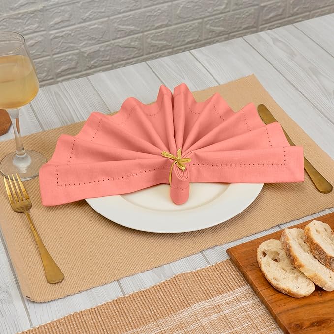Blue Needles Set of 12 Hemstitch Linen Napkins 100% Cotton Salmon Cloth Dinner Napkins 18x18 inches, Soft, Reusable, Absorbent, Washable, Ideal for Fall Thanksgiving Events, Parties & Everyday Use