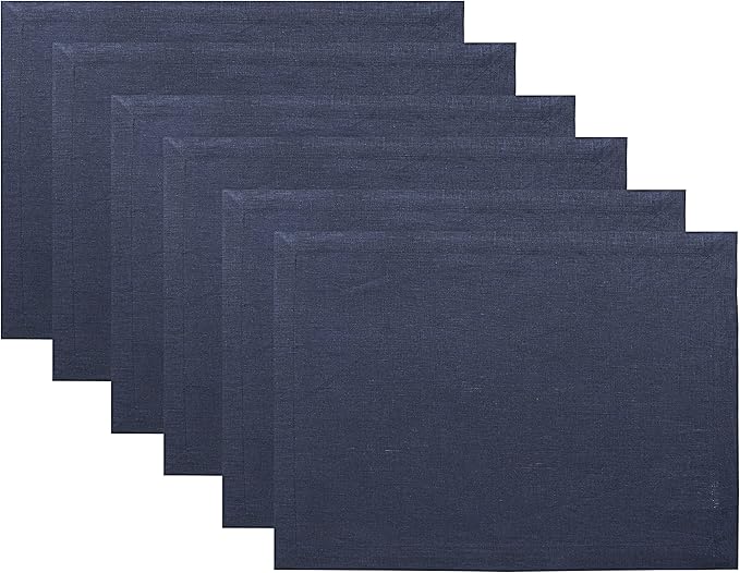 Solino Home Linen Navy Blue Placemats Set of 6-100% Pure Linen Placemats 14 x 19 Inch for Fall, Autumn, Christmas, Holiday, Winter, New Year - Fete