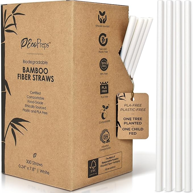 Biodegradable Bamboo Fiber Straws | 300 Count, 100% Compostable, Plastic-Free, Eco-Friendly Drinking Straw | 7.8'' Plant Fiber Disposable Straws, White Straw | Durable for Warm & Cold Drinks