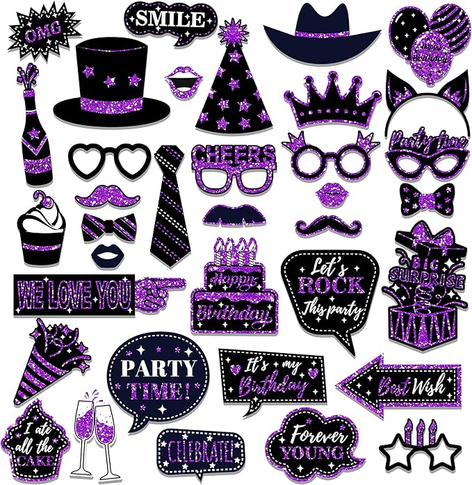 CC HOME 36Pcs Happy Birthday Photo Booth Props, Glitter Purple Birthday Party Decorations Party Favor for Forever Young Cheers Party Time Birthday Party Supplies Party Essentials