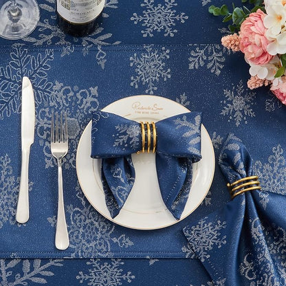 Cloth Napkins Set of 8–Square Jacquard Sparkling Metallic Snowflake Fabric Polyester Washable Reusable Cloth Napkins for Kitchen Dinner Dining Restaurant Wedding Table(Navy Silver/17x17 Inch)